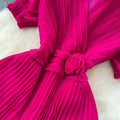Frenchclassyelegantv neck puff sleeves stereo flower waist pleated dress female summer slimming lookelegant long skirt
