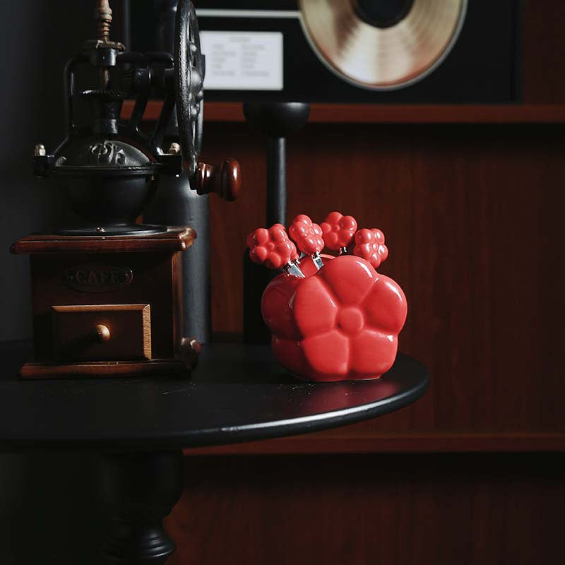 High-value, affordable luxury ceramic fruit fork & jar set - sunflower & bear design, stainless steel fruit forks included