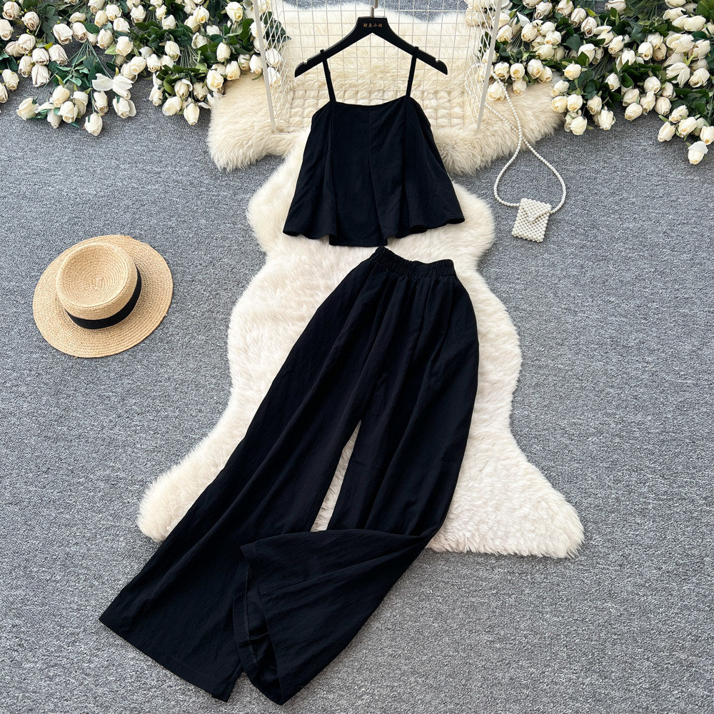 Minimalist cami top & wide-leg pants set - women's summer sleeveless chic outfit - effortless & sophisticated workwear