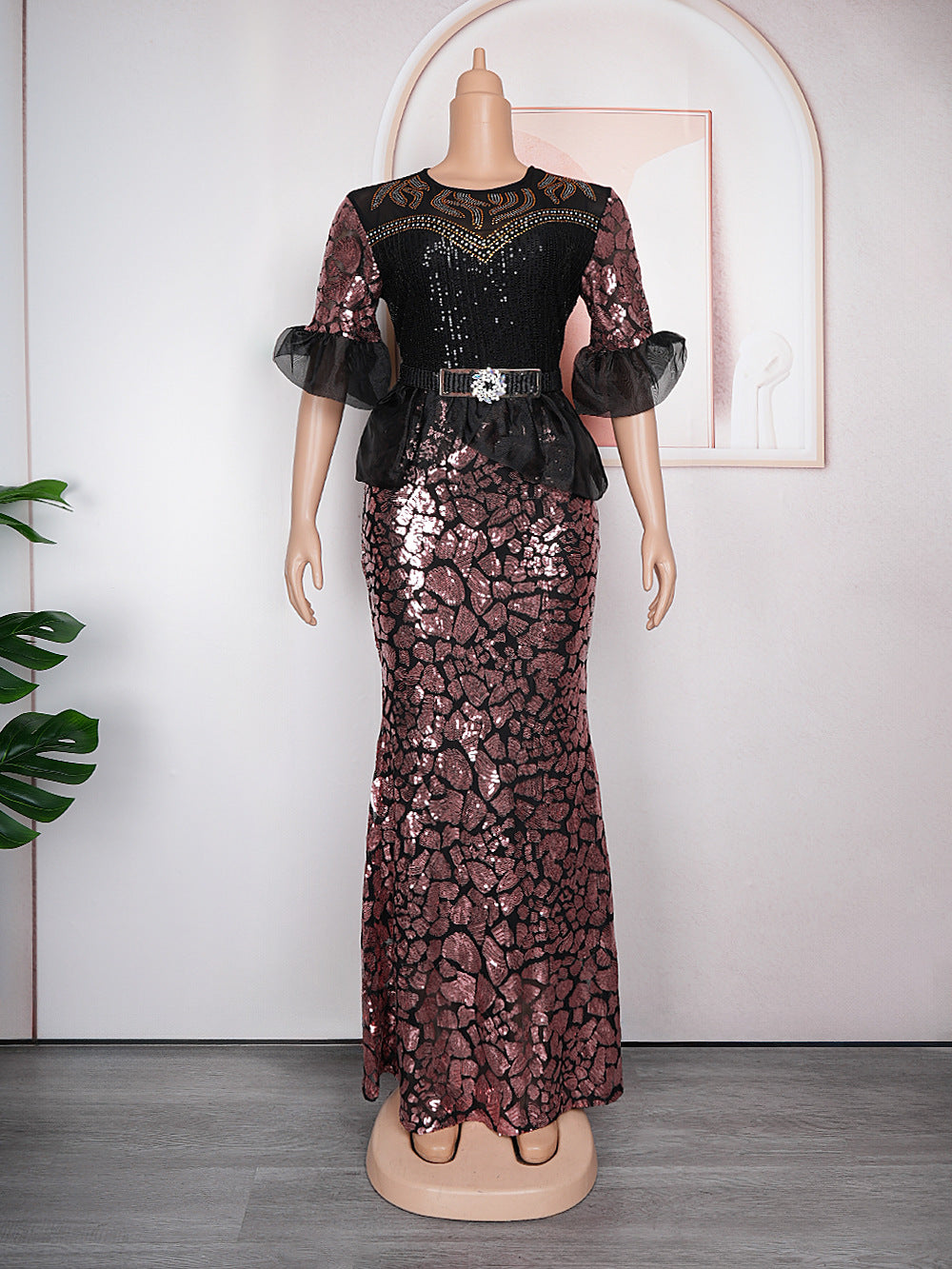 New african autumn/winter rhinestone & sequin party evening dress -  women's stretch mesh dress