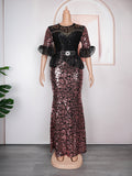 New african autumn/winter rhinestone & sequin party evening dress -  women's stretch mesh dress
