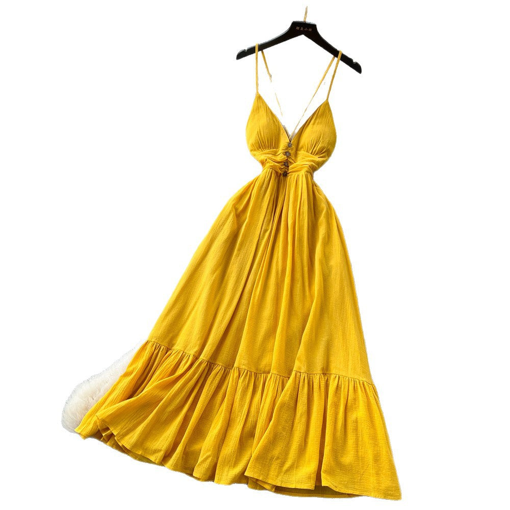 French yellow suspender pure desire backless dress women's summer k-style waist ruffles slimming look vacation style long skirt