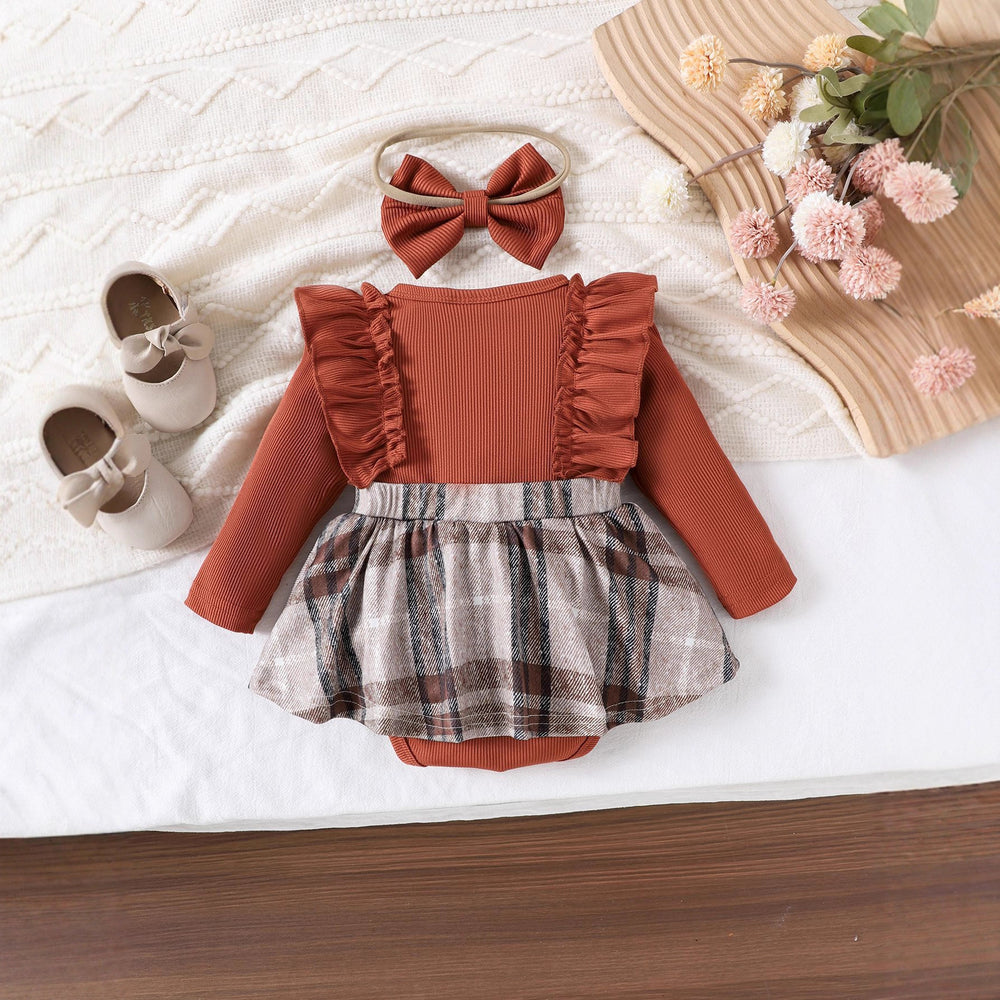 Children's clothing cross-border european and american girls brown color long-sleeved plaid khaki