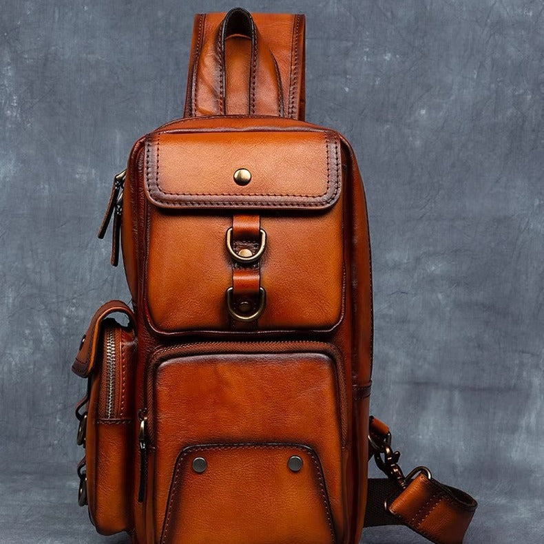 Retro handmade genuine leather chest bag casual crossbody bag first layer vegetable tanned cowhide multi-flap pocket pants shoulder bag men's travel trendy bag
