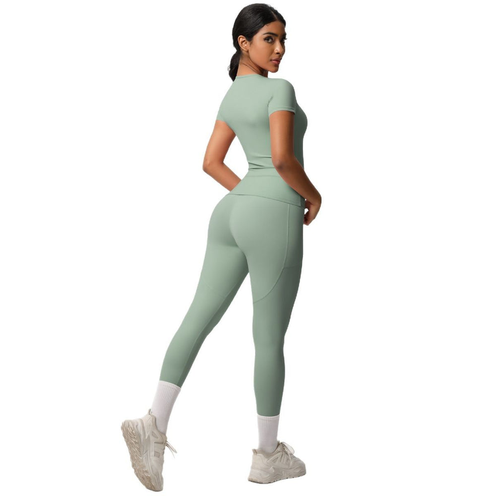 European and american solid color nude feel brushed short-sleeve yoga top and high-waisted butt-lifting fitness leggings quick-dry running workout set