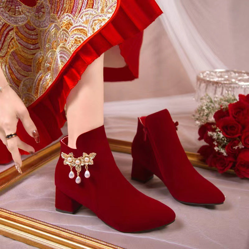 Winter wedding shoes women's burgundy chinoiserie xiuhe wedding dress two wear pearl thick heel bridal shoes fashionbows single boots