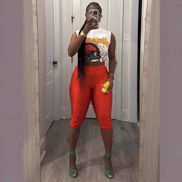 European and American style new  women's clothing fashion street printing sleeveless top solid color waist-to-hip trousers suit women