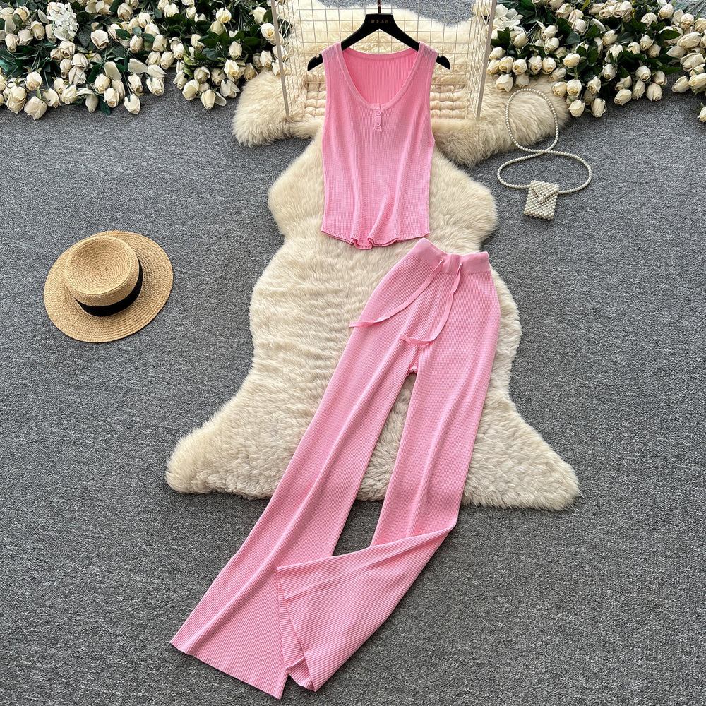 Light mature style v neck sleeveless vest high waistloose pants women's summercasualknittingtwo-piece setelegantwork clothingsuit
