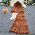 French court style two-piece set: women's high-end hollow-out lace patchwork lantern sleeve blouse and high-waisted flared midi skirt