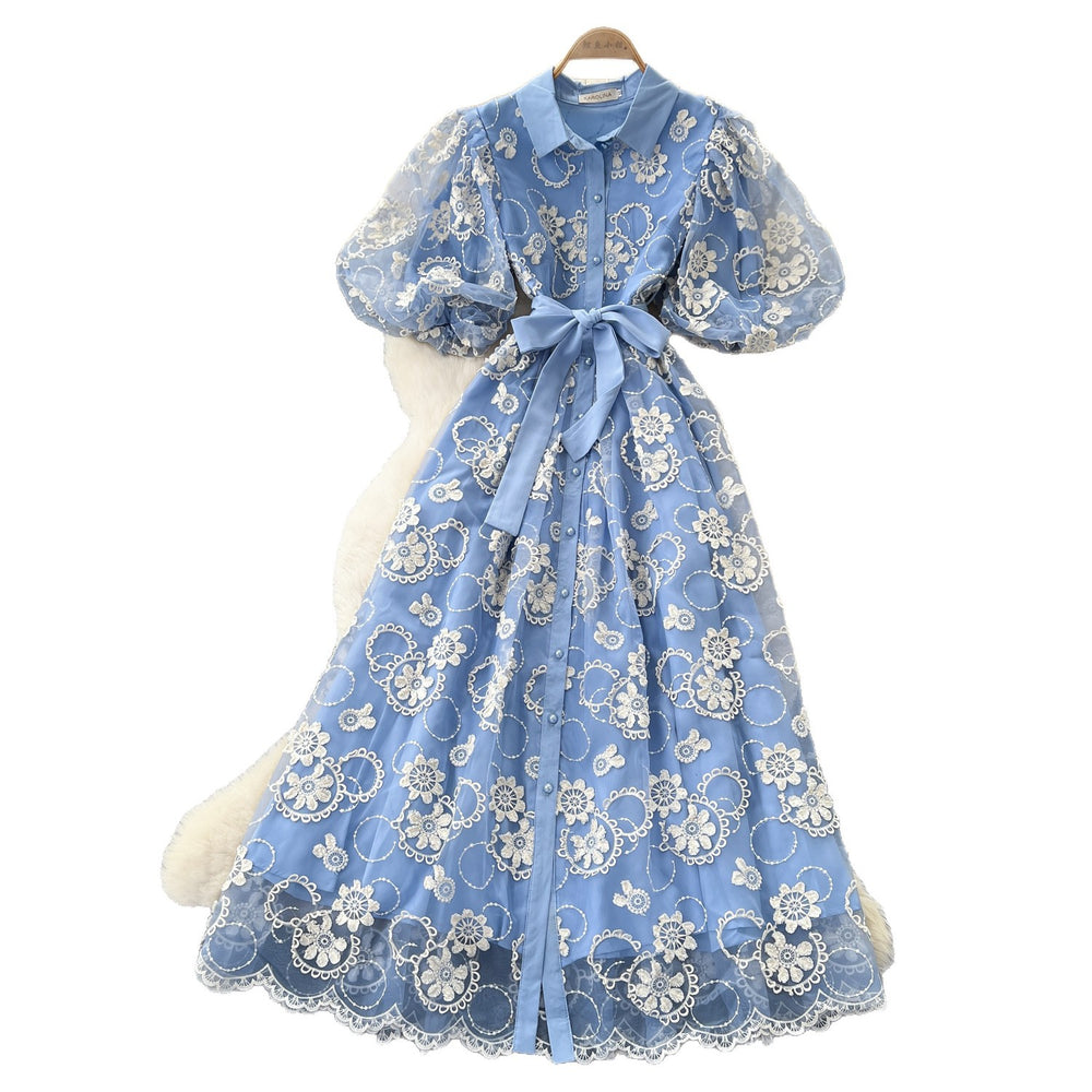 French chic blue lace dress - women's summer bubble sleeve a-line maxi dress - slim fit & figure flattering - new  collection