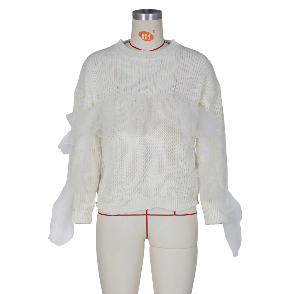 autumn/winter european and american women's casual knitted sweater fashion mesh ruffle trim top