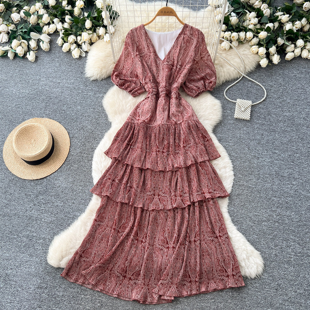 Frenchv neck green pleated dress women's summer k-style waist slimming look a-line cake long skirt dopamine style