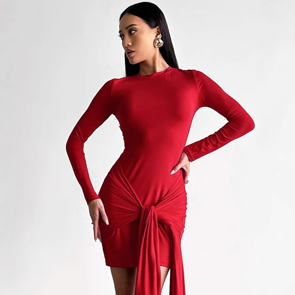 Cross-border Europe, America,  autumn new long-sleeved crew neck fashion streamer slim-fitting hip-wrapped dress short skirt women's clothing