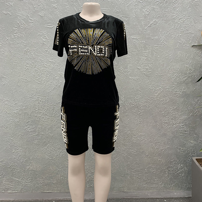 Export african women's sportswear set - t-shirt and shorts outfit with rhinestone lettering and beaded embellishments - casual, fashionable european and american style clothing