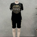 Export african women's sportswear set - t-shirt and shorts outfit with rhinestone lettering and beaded embellishments - casual, fashionable european and american style clothing