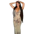 European and american style cross-border printed color block women's retro low-cut sheer bodycon mini dress with back slit - elegant and slim-fitting