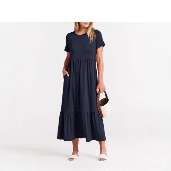 Spot 2024 new women's clothing   explosion temperament round neck pleated solid color pendulum dress