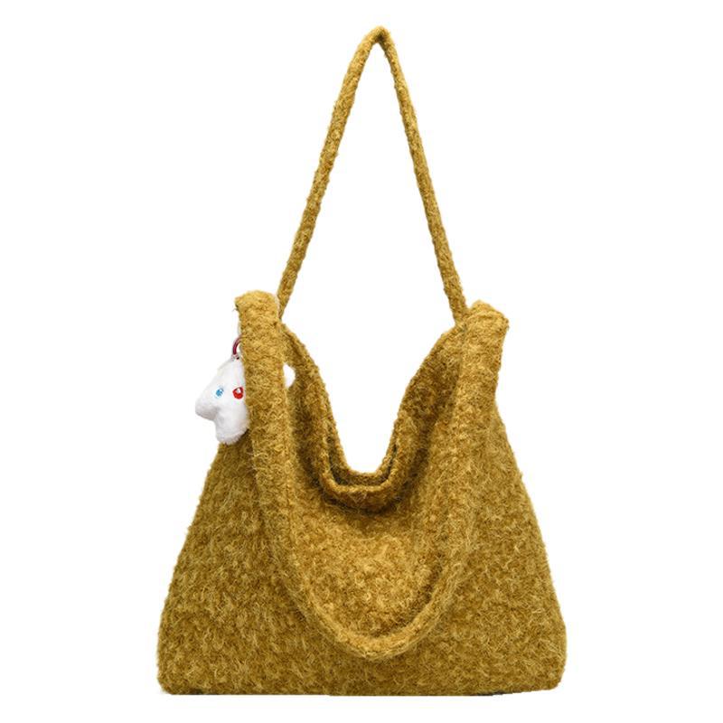 Cross-border woolen tote bag women's 2025 autumn and winter new trendy retro fashion bucket bag casual large-capacity messenger bag