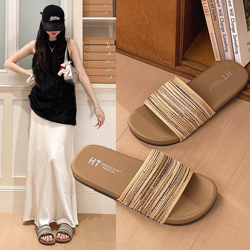 New woven striped thong sandals - summer outdoor wear, flat, non-slip, retro style, fashionable and versatile women's slippers