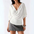 French-style criss-cross v-neck batwing sleeve top - women's slimming, ruched, and figure-flattering t-shirt for a chic and gentle commute