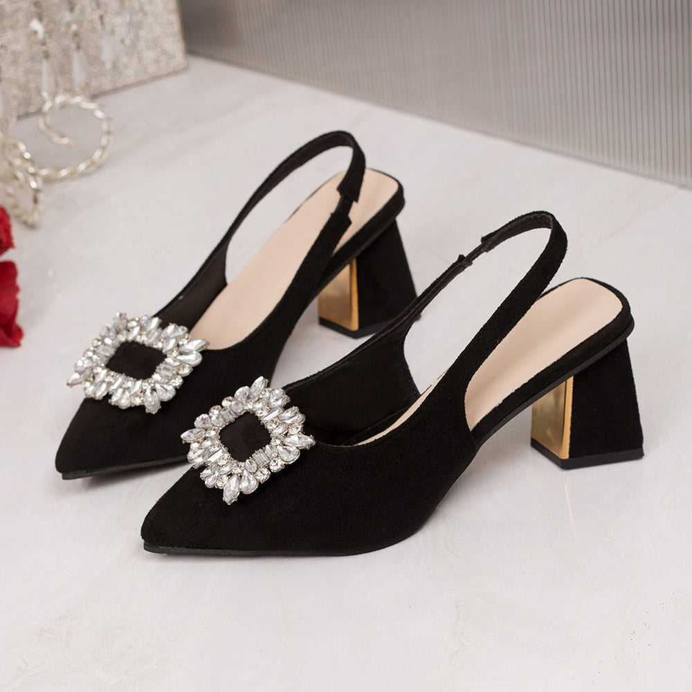 43 cross-border foreign trade pointed toe square buckle rhinestone high heel sandals women's 2026 summer new suede thick heel toe sandals