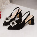 43 cross-border foreign trade pointed toe square buckle rhinestone high heel sandals women's 2026 summer new suede thick heel toe sandals
