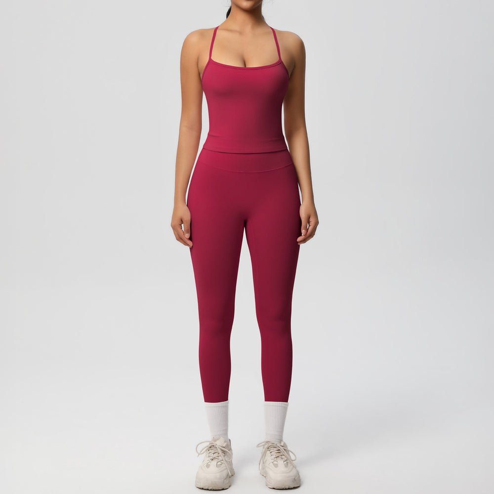 Ready-to-ship, solid color, nude-feel, double-sided brushed, racerback, form-fitting activewear yoga set – perfect for running and fitness. two-piece set
