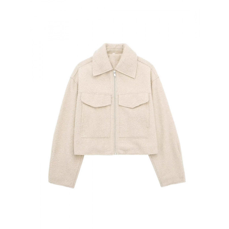 spring/autumn women's designer wool blend jacket: unique streetwear style, relaxed fit, cropped length