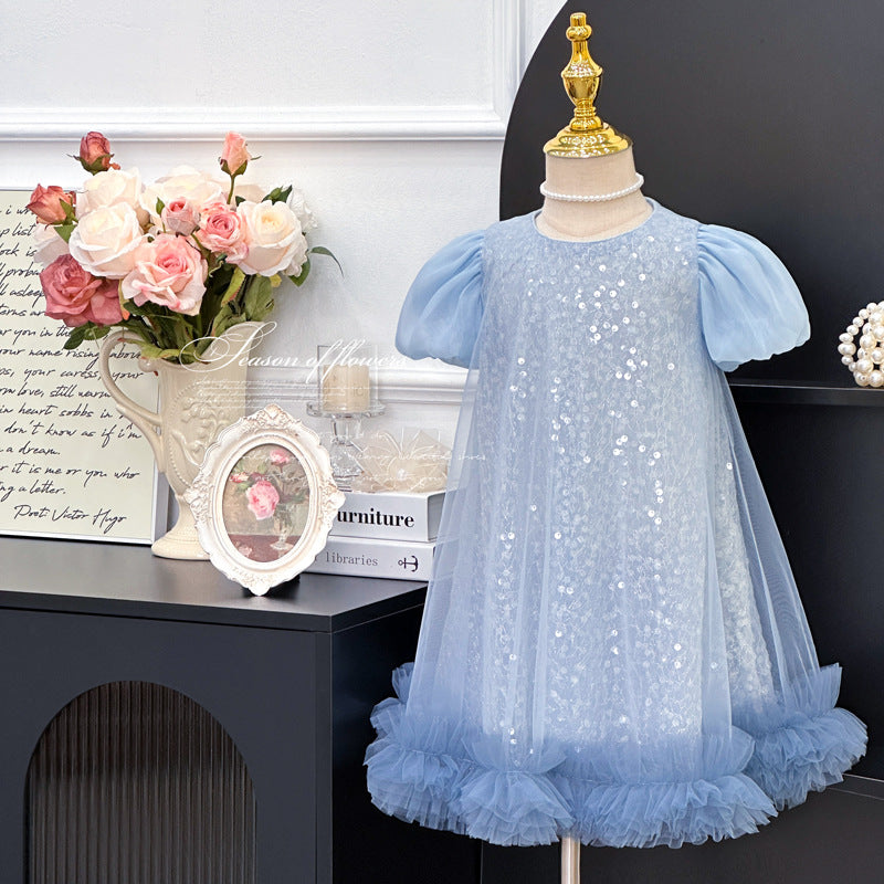 Girls' sleeveless sundress - new summer  collection: mesh "frozen" style dress with puff sleeves - perfect for parties and special occasions