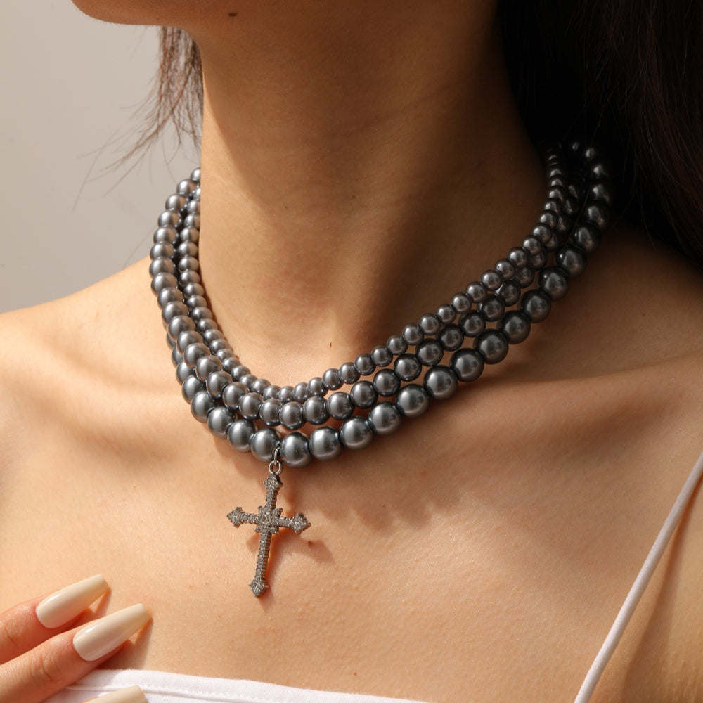 Stacked cross beaded necklace wholesale cross-border simple versatile accessories niche high-end hip-hop pendant necklace
