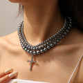 Stacked cross beaded necklace wholesale cross-border simple versatile accessories niche high-end hip-hop pendant necklace
