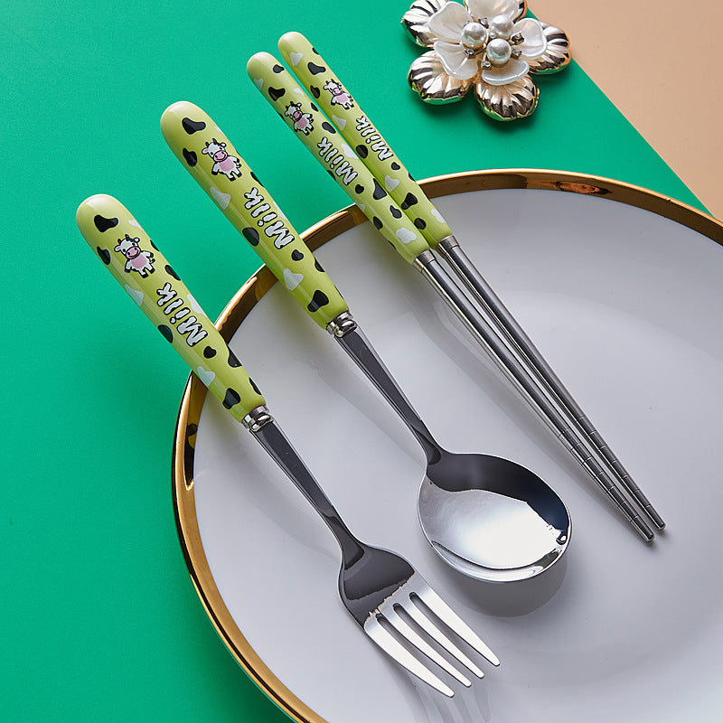 Portable storage cutlery set - cute cow design stainless steel children's dinnerware set: fork, spoon, and chopsticks