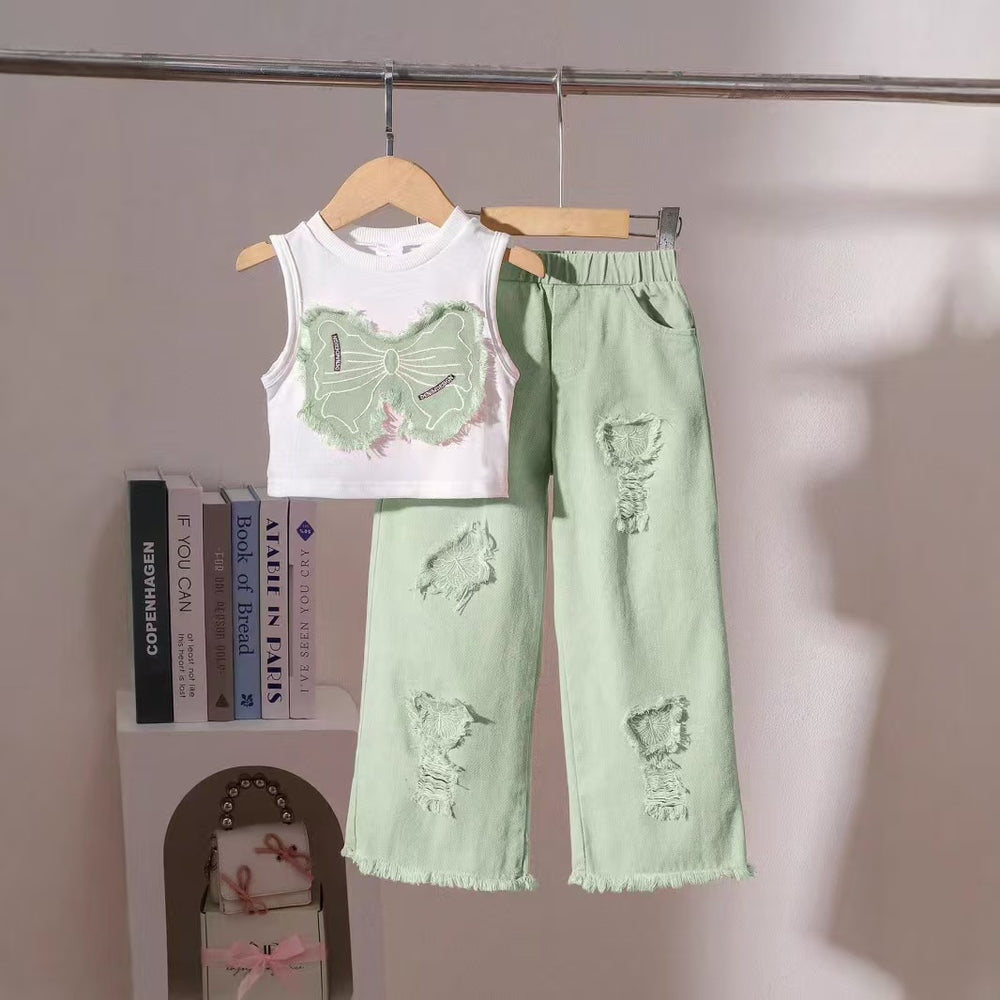 Children'sclothingsummer patch bow sleeveless tops+pink ripped denim pants set