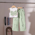 Children'sclothingsummer patch bow sleeveless tops+pink ripped denim pants set