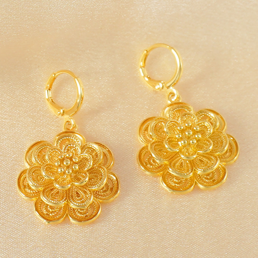 Middle eastern elegant style 2-piece jewelry set, luxurious gold-plated copper floral pendant necklace and earrings