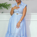 European and american cross-border women's fashion:  autumn new arrival - elegant lapel blue striped short-sleeve irregular hem shirt dress