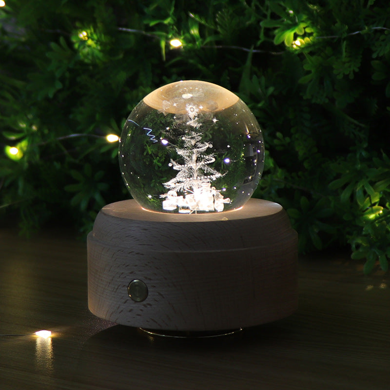 Touch dimming charging night light 3D crystal ball ambient light rotating music box bedroom ornament