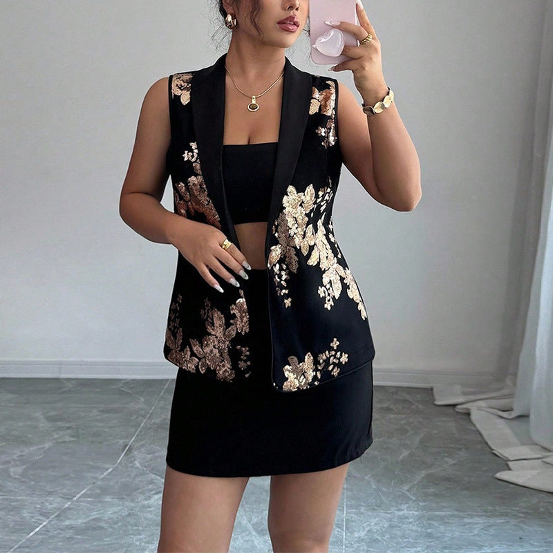 Ruimu 2025 independent station wish   European and American temperament printed vest sleeveless lapel top women's clothing