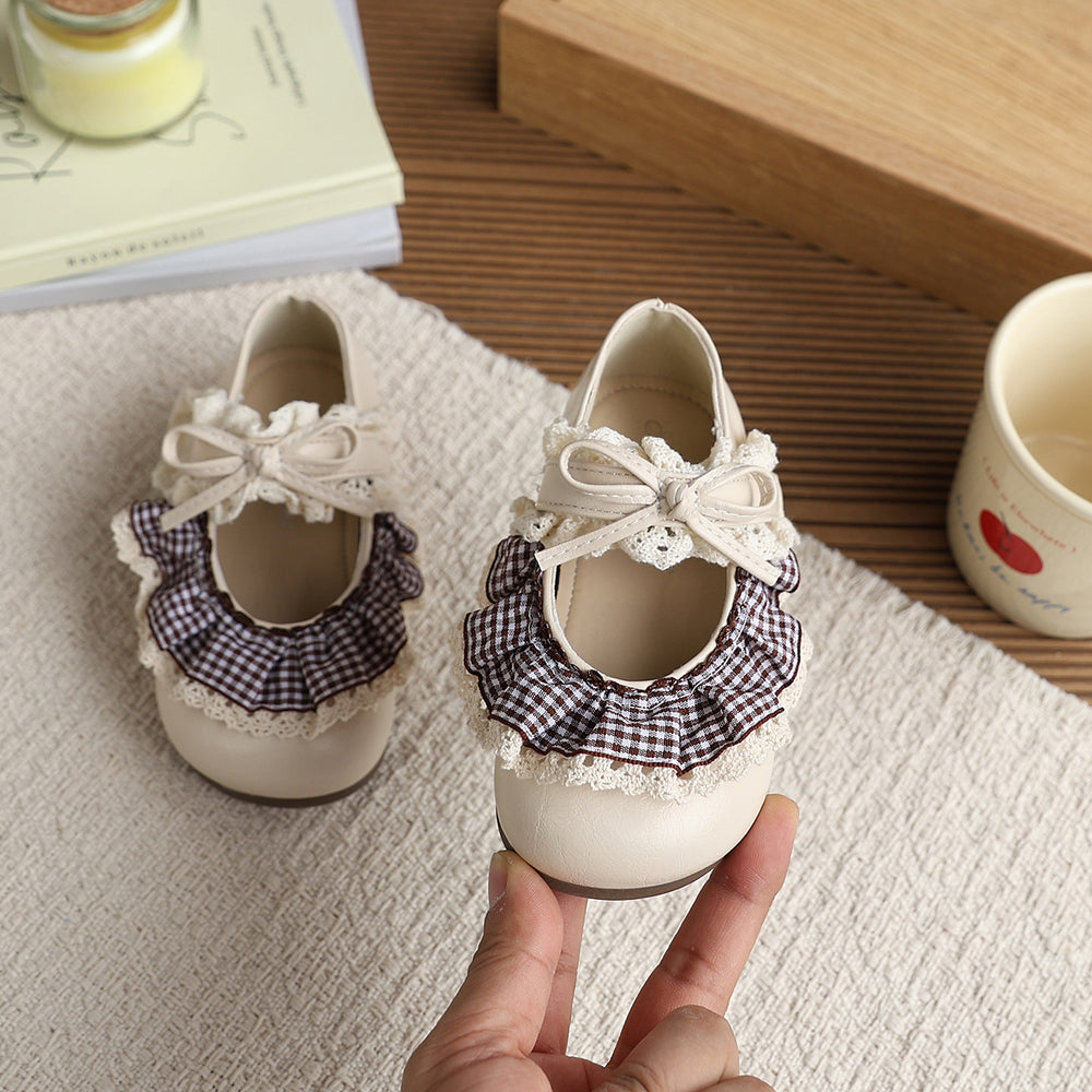 Vancahao girls' bow-tie princess shoes, new spring/autumn  collection, kids' fashionable low-cut leather shoes with lace trim