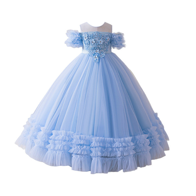 Girls' formal dress - premium princess style for international trade, elegant children's birthday gown, european and american off-shoulder tutu with sequins