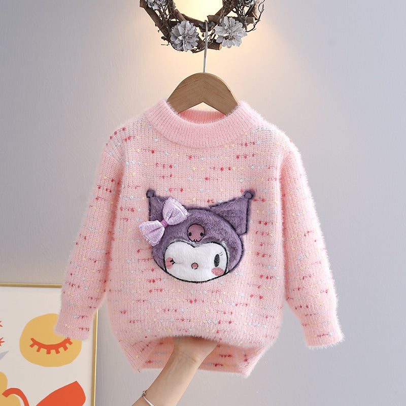 Girlsweater round neck knitting bottom shirt new arrival heartcolorfulsweetfleece-linedthickened children's sweater