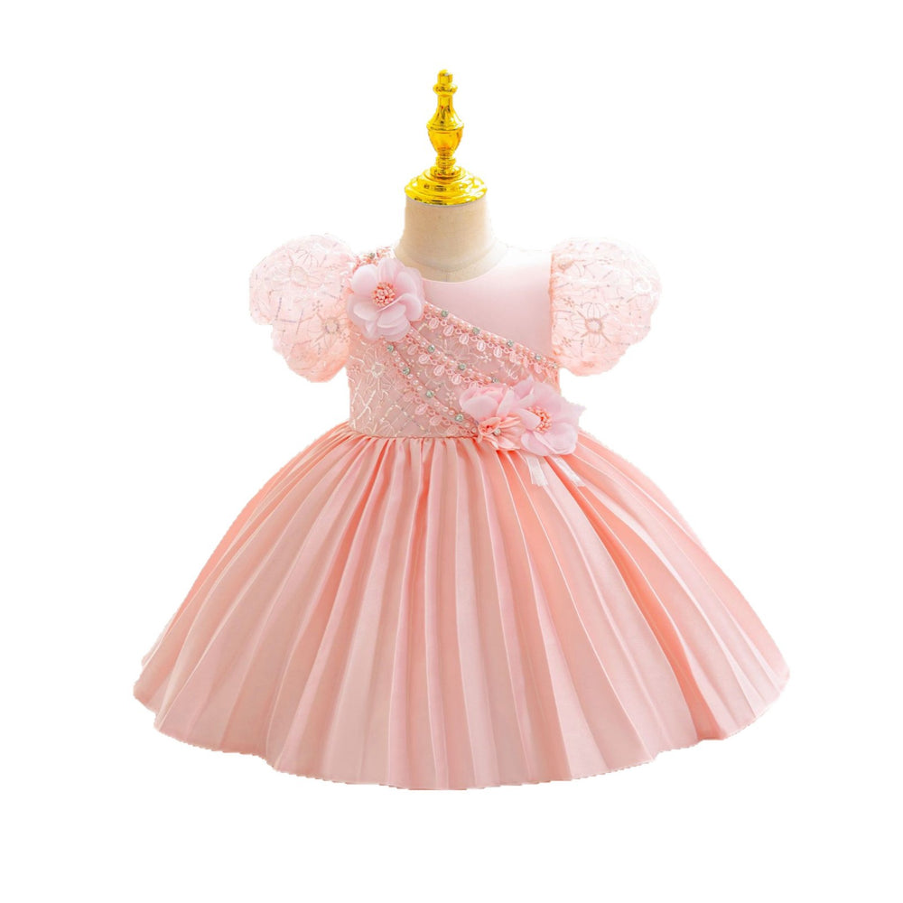 Ready-to-ship baby girl's evening gown, featuring delicate lace and a princess silhouette. perfect for model photoshoots, piano recitals, and special occasions