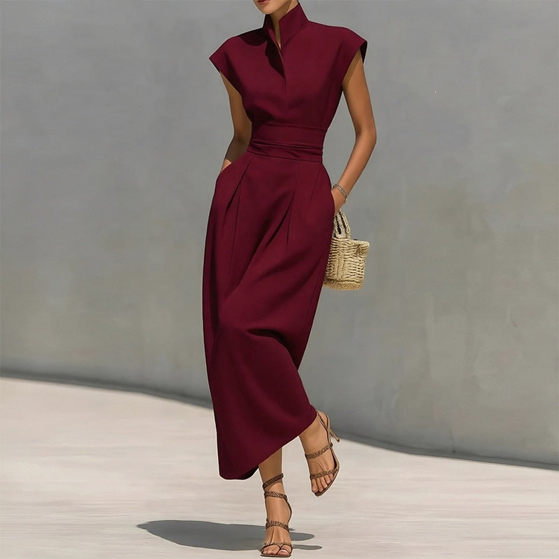 women's summer new arrivals:  cross-border fashion - european & american style, elegant solid color, cinched waist, flutter sleeve dress