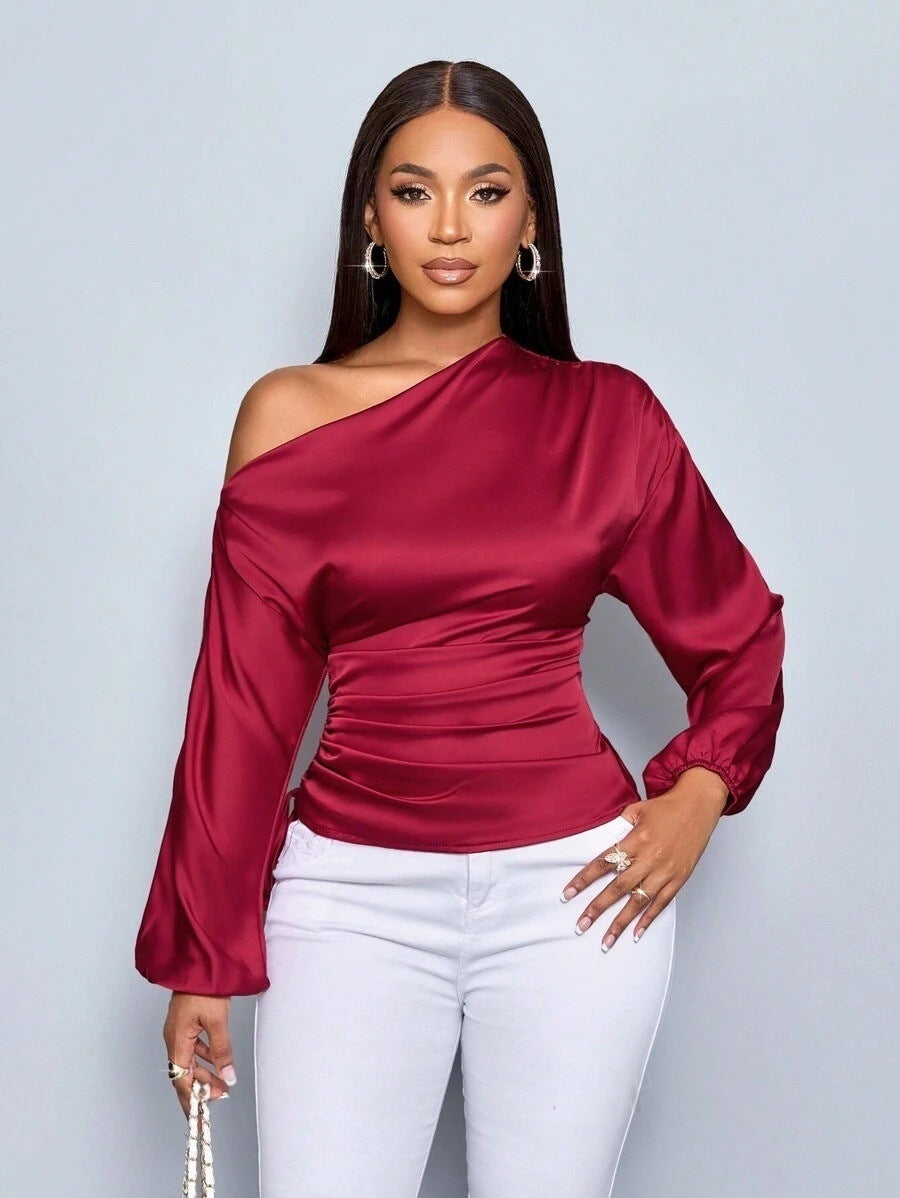 Amazon cross-border fashion new women's satin blouse - spring/summer asymmetrical long sleeve slant neck shirt top