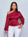 Amazon cross-border fashion new women's satin blouse - spring/summer asymmetrical long sleeve slant neck shirt top