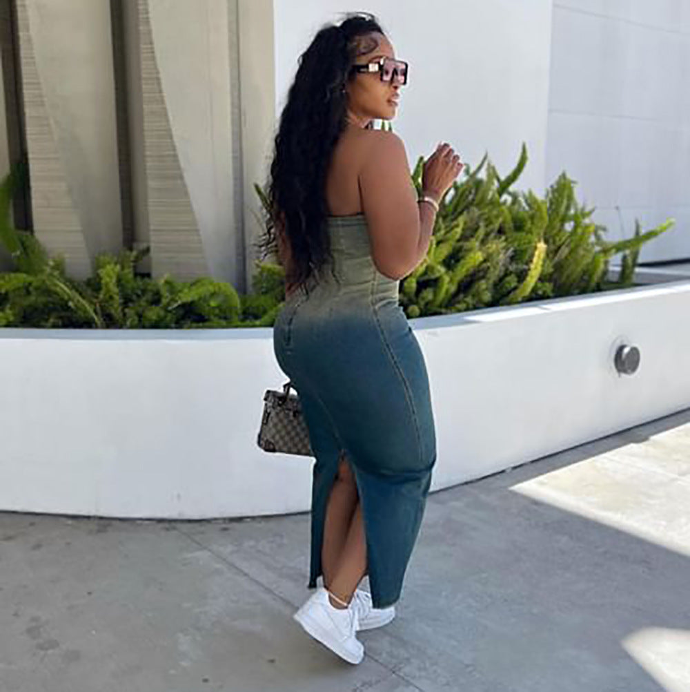 European and american cross-border women's fashion  new sexy hot girl gradient bandeau slit bodycon stretch denim skirt