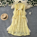 Light mature style classyelegancelacelong sleevesdressfemalefrenchheavy industry crochet waist silmlong skirt dress