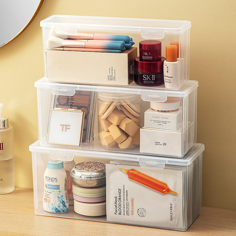 Long makeup brush, mask storage box, transparent rectangular box with lid, covered dresser, skin care product storage box.