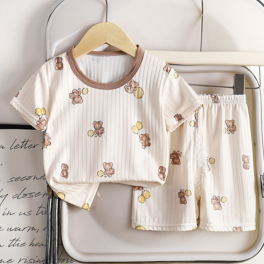 Summer kids' ice silk short sleeve and shorts set - lightweight air conditioning clothing for boys and girls - wholesale baby pajamas and loungewear