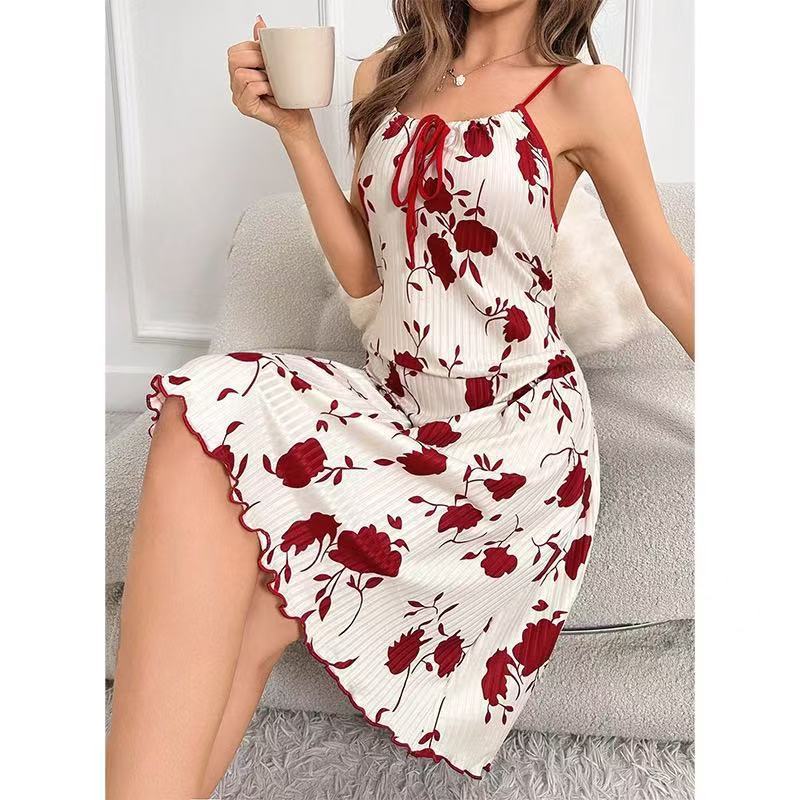 European and american style printed camisole lingerie nightgown casual sleep dress women's sexy dress with chest tie
